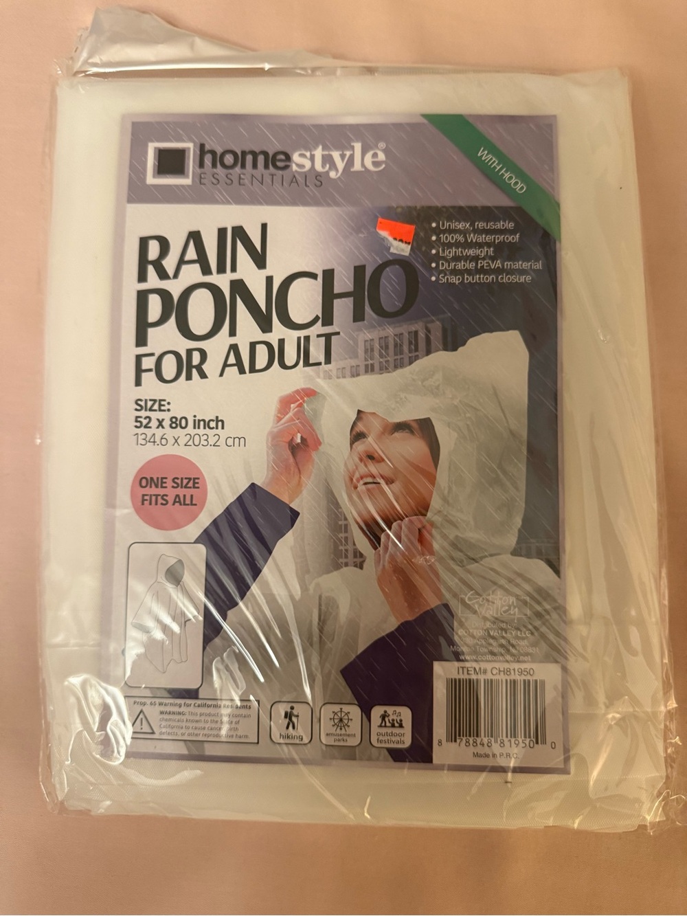 Homestyle Essentials Adult Rain Poncho with Hood, Clear PEVA, Unisex One Size